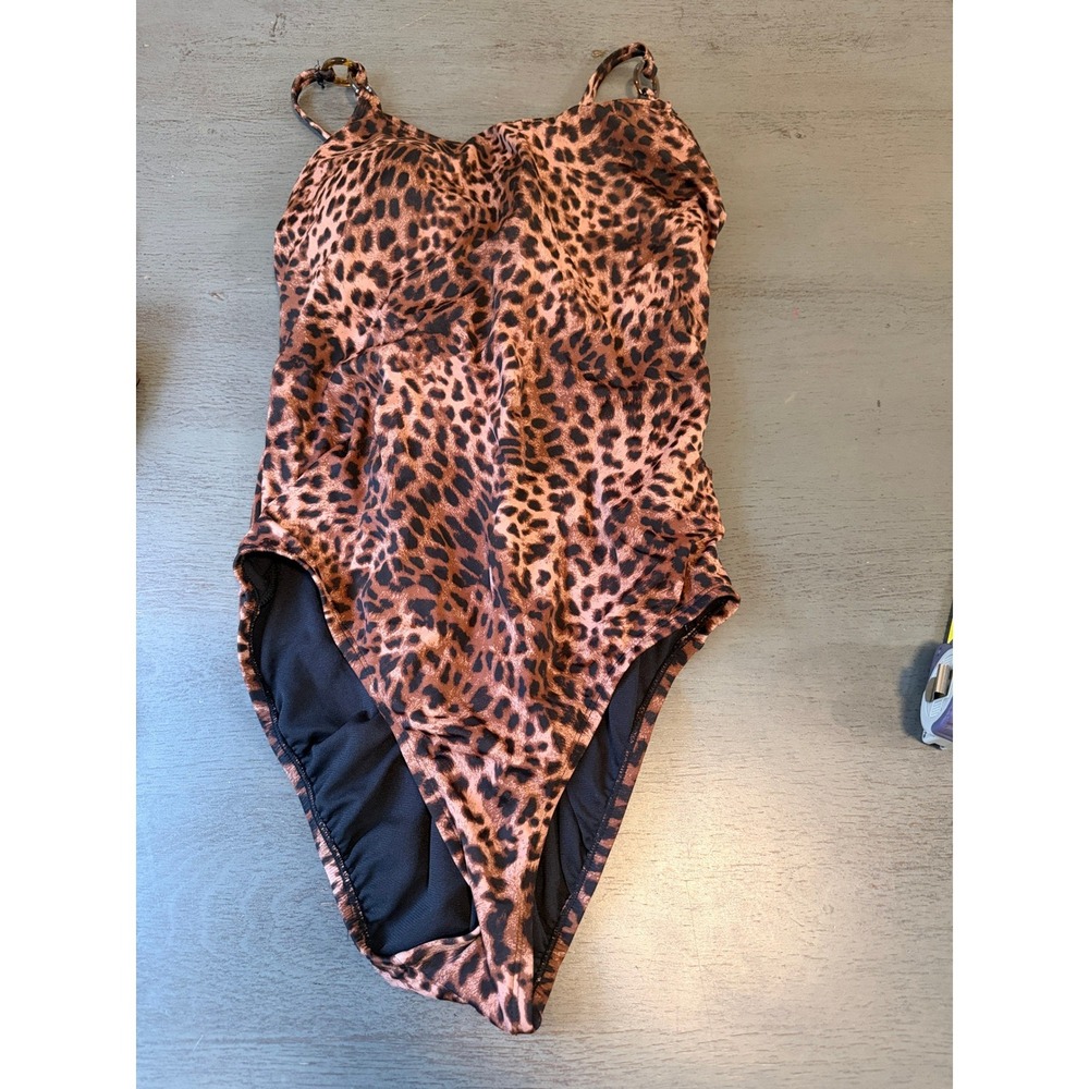 Time and Tru Womens XL 16-18 Leopard Print One Piece Swimsuit Ruched Ring Strap